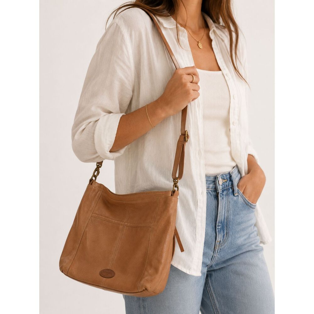 Vintage Fossil Tan Leather Crossbody Multi Pocket Y2K Utility Organizer Purse